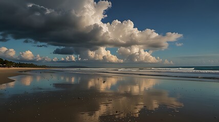 A serene beach landscape at sunset, showcasing clouds and reflections on wet sand.