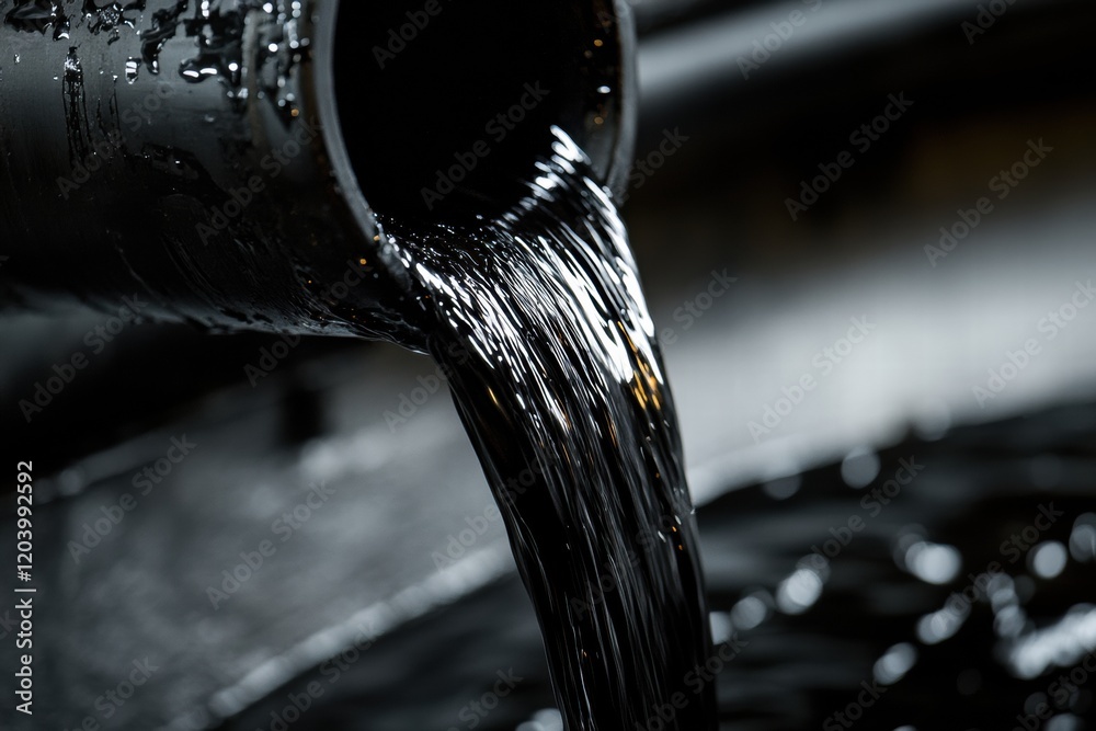 Poster flow of dark liquid pouring from a pipe into a reflective surface in an industrial setting. generati
