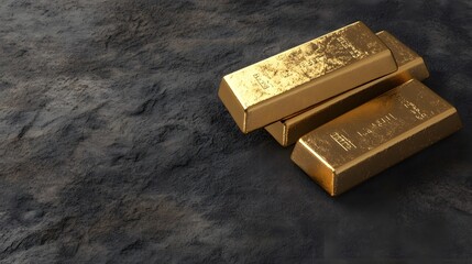 A close-up view of three shiny gold bars placed on a dark, textured surface, showcasing their weight and value.