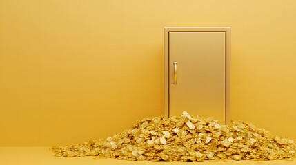 A golden door stands before a mound of gold, creating a surreal and opulent scene that evokes themes of wealth and opportunity.