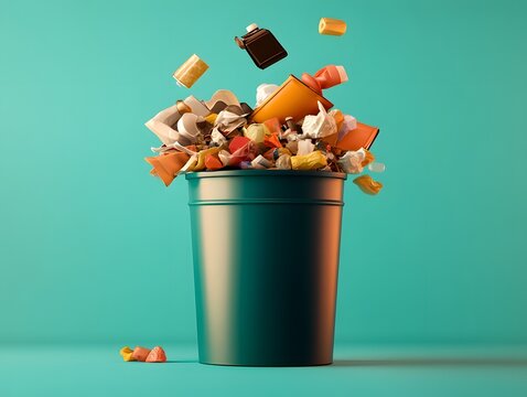 Assortment of Non-Recyclable Waste in Recycling Bin on Mint Green Background