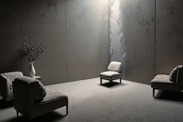  The image depicts a minimalist room featuring four chairs arranged against a wall with dark gray panels adorned with floral embossing patterns 