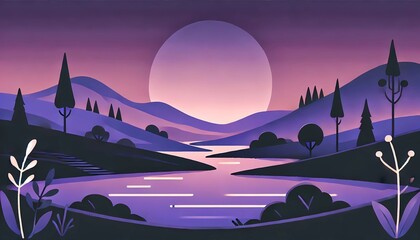 Tranquil Twilight - A Serene Evening Landscape in Flat Illustration Style