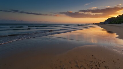 Serene beach at sunset with gentle waves and reflective sand.