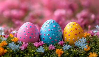 Three painted eggs are sitting in a field of flowers. The eggs are blue, pink, and yellow, and they are surrounded by a variety of flowers, including daisies and roses. The scene is bright