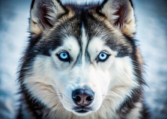 Obraz premium Siberian Husky Dog Muzzle Close-Up, Stunning Blue Eyes, Fluffy Fur, Pet Portrait