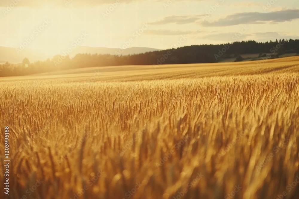 Poster Golden wheat field under sunset with soft rays illuminating the landscape in a serene rural setting. Generative AI