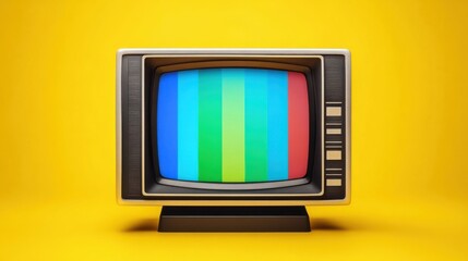 Vintage television set displaying colorful static against a bright yellow background