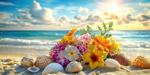 A beautiful bouquet of colorful flowers lies on the sand against the backdrop of an ocean and blue sky, with seashells scattered around it. 