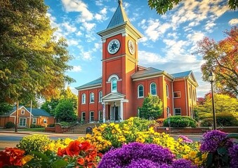 Naklejka premium A beautiful red brick town hall with a clock tower in the center of a small rural American city.