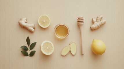 Soothing natural remedies for cold and flu relief, featuring honey, ginger, lemon slices, and green leaves arranged on a wooden table for holistic wellness