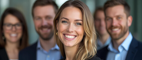 Obraz premium Professional Business Team Smiling in Office Setting