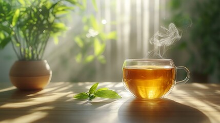 A steaming cup of herbal tea placed on a clean wooden surface, with soft light filtering in and a single green leaf nearby, evoking calmness and stillness.
