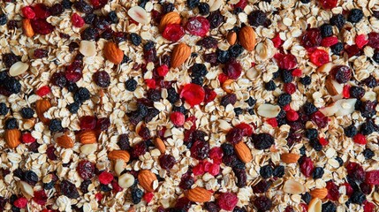 Paleo style breakfast: gluten free and oat free muesli made with nuts, dried berries and fruits, top view, selective focus