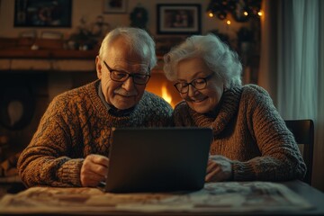 Elderly couple enjoying digital connection cozy living room photography warm atmosphere intimate viewpoint love and technology