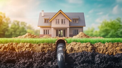 House with underground plumbing pipe installation, showcasing essential infrastructure.