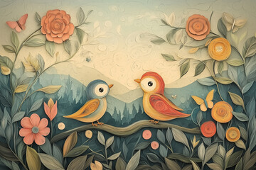 Obraz premium Magical forest with baby birds, vibrant flowers and lush greenery