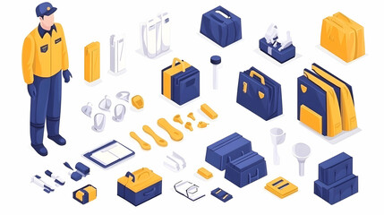 Airport worker with luggage and travel accessories; isometric illustration for travel agencies