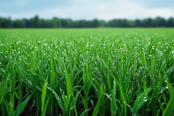 Fototapeta premium Close-Up of Fresh Green Grass with Dew Drops, Beautiful Blurred Bokeh Background for Product Presentation.