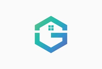 Letter G Housing Logo.  window icon and Hexagon Alphabet Logotype Concept for Real estate, Building Construction, Architecture, Apartment, house, home, residential, property and investment Symbol.