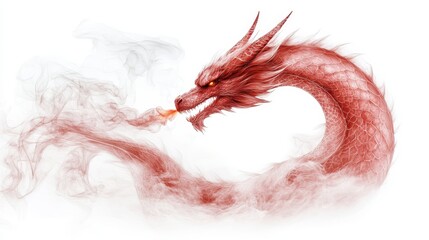 Fototapeta premium Majestic Red Dragon Exhaling Smoke Mythical Creature Fantasy Art Digital Painting
