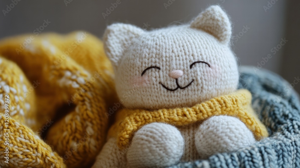 Poster knitted white cat plush toy smiling while wrapped in a cozy yellow blanket and sitting on a soft gre