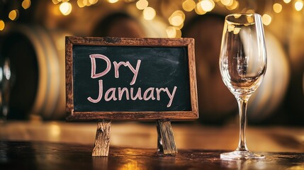Chalkboard with 'dry january' beside an empty wine glass, symbolizing alcohol-free month.