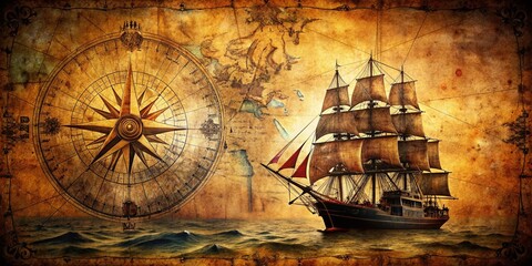 Fototapeta premium Silhouette of a Ship on a Vintage Old Sea Map Background - Nautical Stock Photo