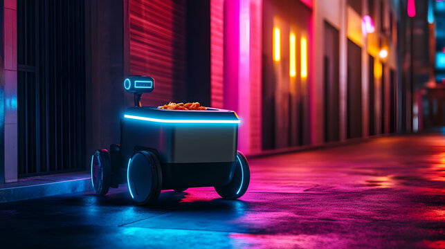 Autonomous robot delivering food on a neon-lit city street at night; futuristic food delivery concept