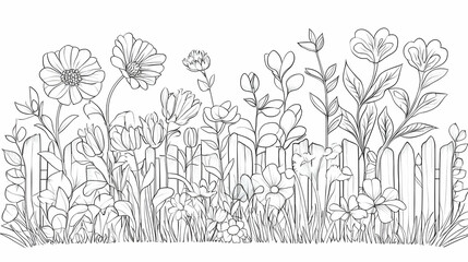 Black and white illustration of a garden border with various flowers behind a picket fence; perfect for coloring books or garden design