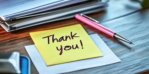  photo of the text "Thank you!" written with a marker on a sticky note, on a desk next to a pen and a stack of paper.