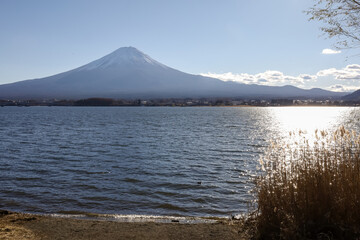 View of landscape fuji mountain in winter at Lake Kawaguchi