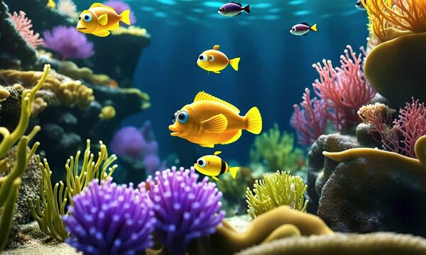 A group of colorful cartoon fish swims in a vibrant coral reef, learning ocean trivia from a wise old turtle teacher. Each fish has quirky traits