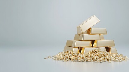Obraz premium A stack of gold bars sits atop a pile of fine gold dust, reflecting wealth and luxury in a minimalist setting.