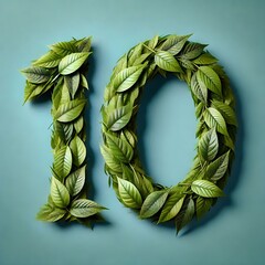 Green leaves, number 10, botanical typography, textured background, minimalist design, nature-inspired numerals, organic composition, fresh mint leaves, creative layout, teal backdrop, advertising con