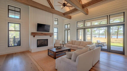 Coastal Farmhouse Living Room with Lake View