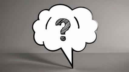 A speech bubble with a question mark inside, prompting viewers to think critically and challenge assumptions.
