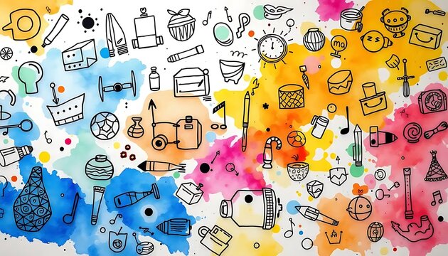 Colorful Watercolor Painting Featuring Many Doodle Objects
