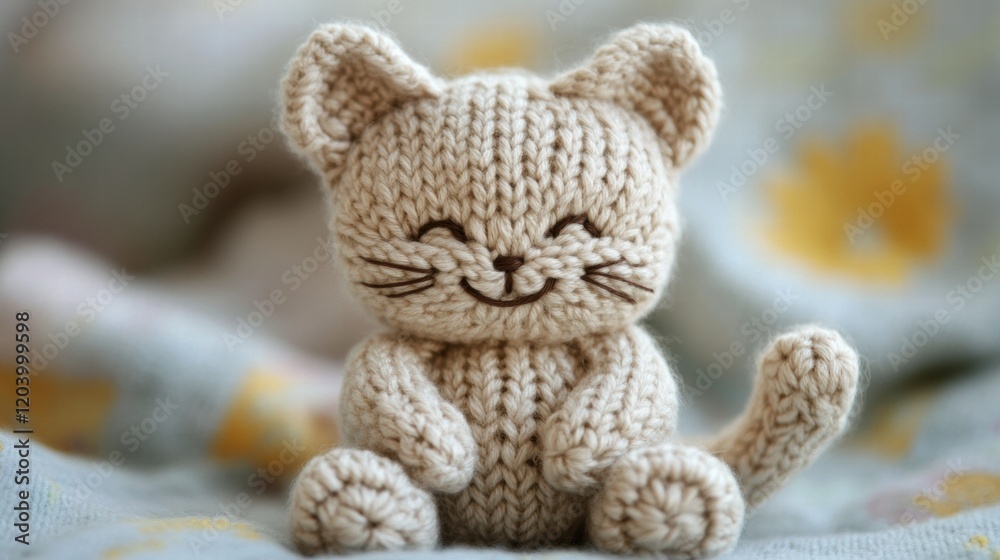Poster Crocheted cat figure in soft colors on a gentle patterned background capturing warmth and charm. Generative AI