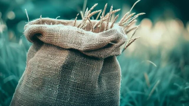 Video of a sack of grain in the background of a field. Great for materials about agriculture, ecology and sustainable development.
