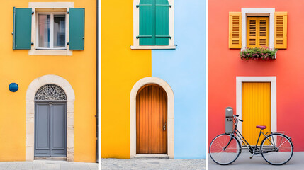 Colorful European houses, doors, windows, bicycle; travel, architecture photography