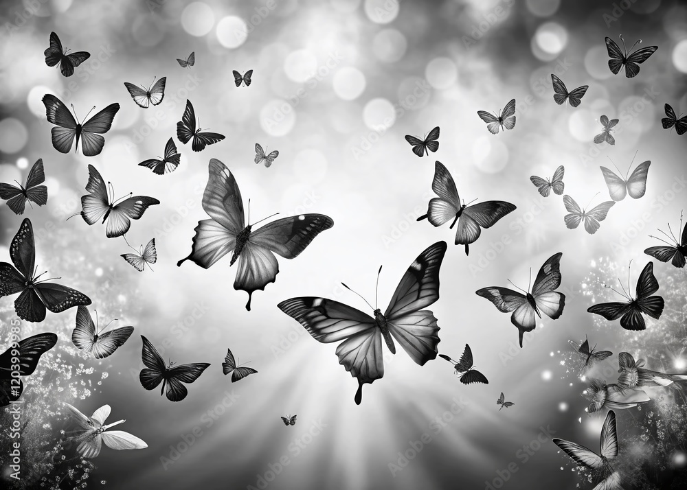 Wall mural Silhouette of Flying Butterflies on White Sheet - Elegant Black and White Pencil Drawing Stock Photo