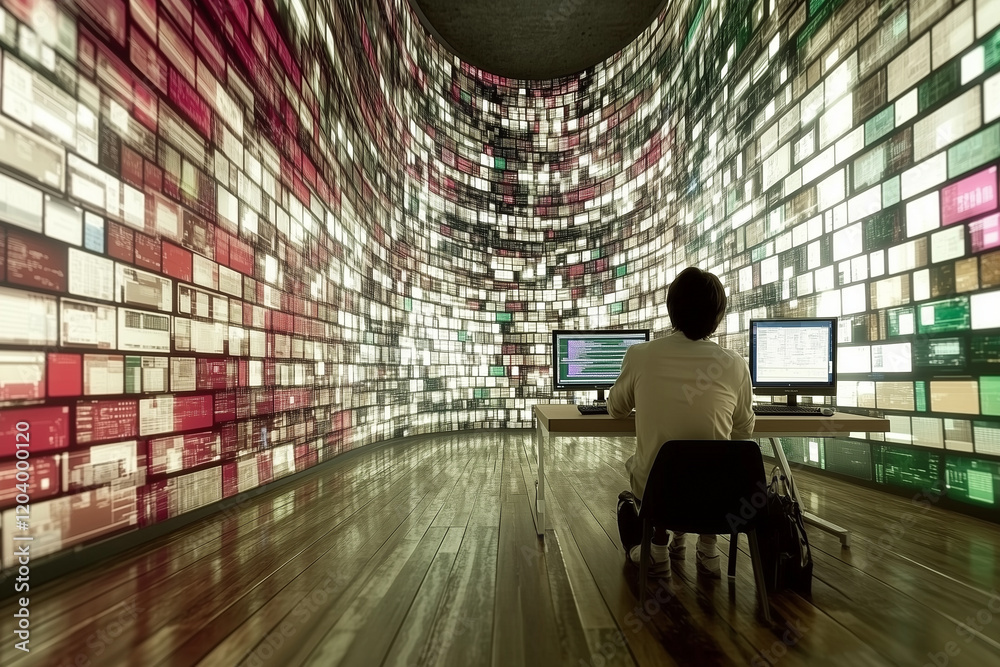 Wall mural a male it professional with their back to the viewer observing the large amount of computer monitors