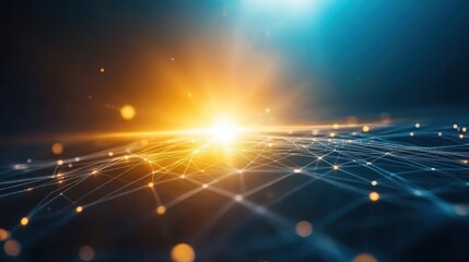 Glowing network visualization, interconnected nodes and data flow in complex system
