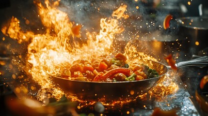 Sizzling stir-fry action restaurant kitchen food photography dynamic environment close-up viewpoint