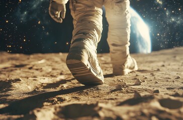 Astronaut Walking on Lunar Surface Towards Earth