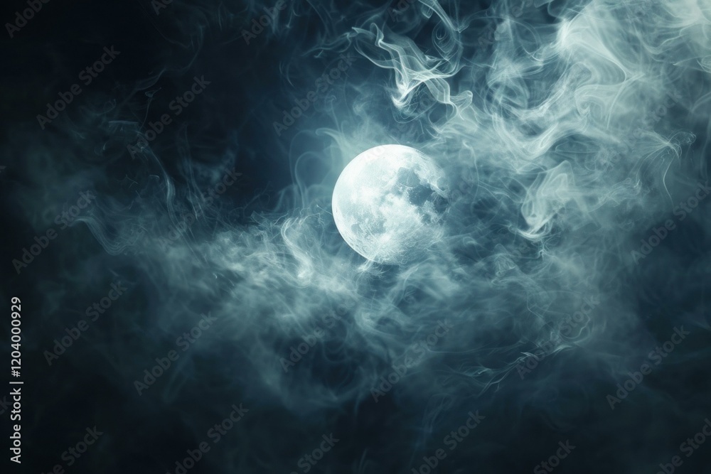 Poster spooky full moon surrounded by smoke and clouds creating a mysterious atmosphere