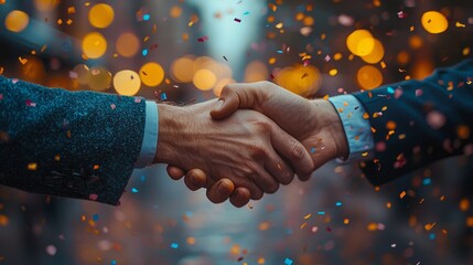 Dramatic handshake, confetti blurred background, high-stakes deal finalized, moment of victory