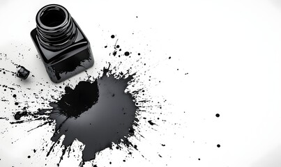 Spilled black ink from a bottle on white background.