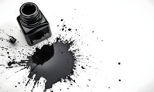 Spilled black ink from a bottle on white background.